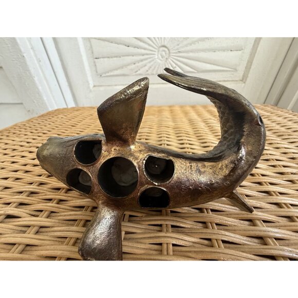 Vintage MCM Japan Bronze Metal Koi Fish Flower Frog Ikebana - Picture 5 of 14